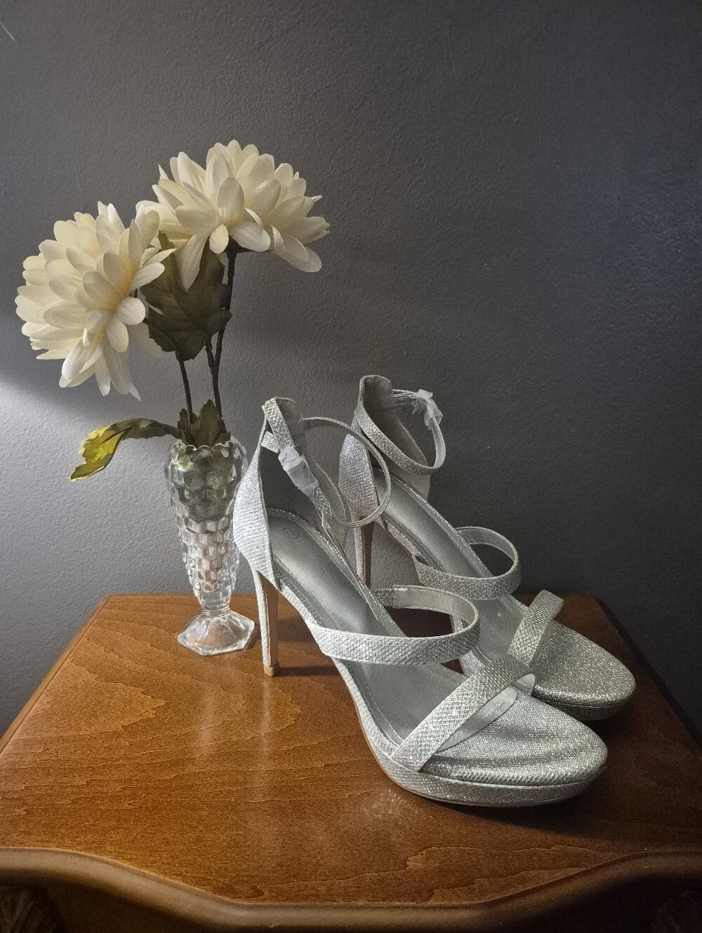 Silver Glitter Ankle-Strap Stiletto Heels